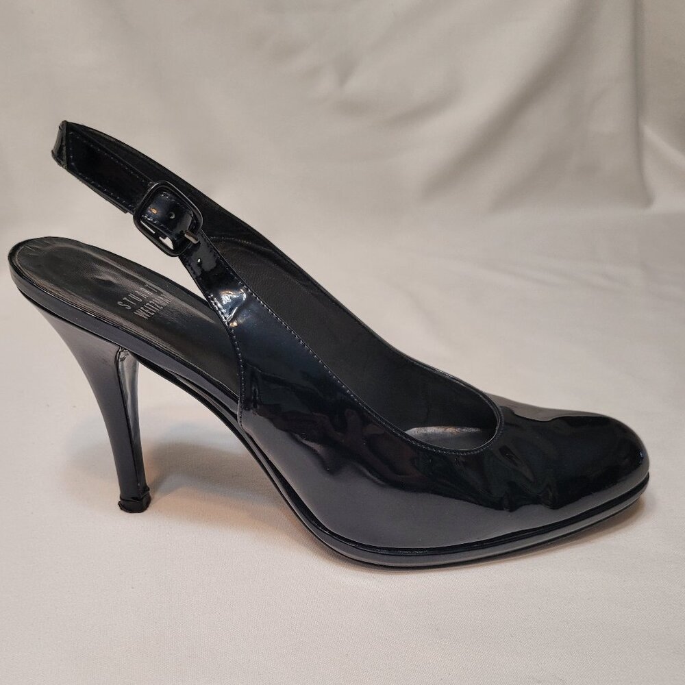 Stuart Weitzman Black Aqua Marine Patnt Leather AlmondToe Slingback Pumps Sz 8.5